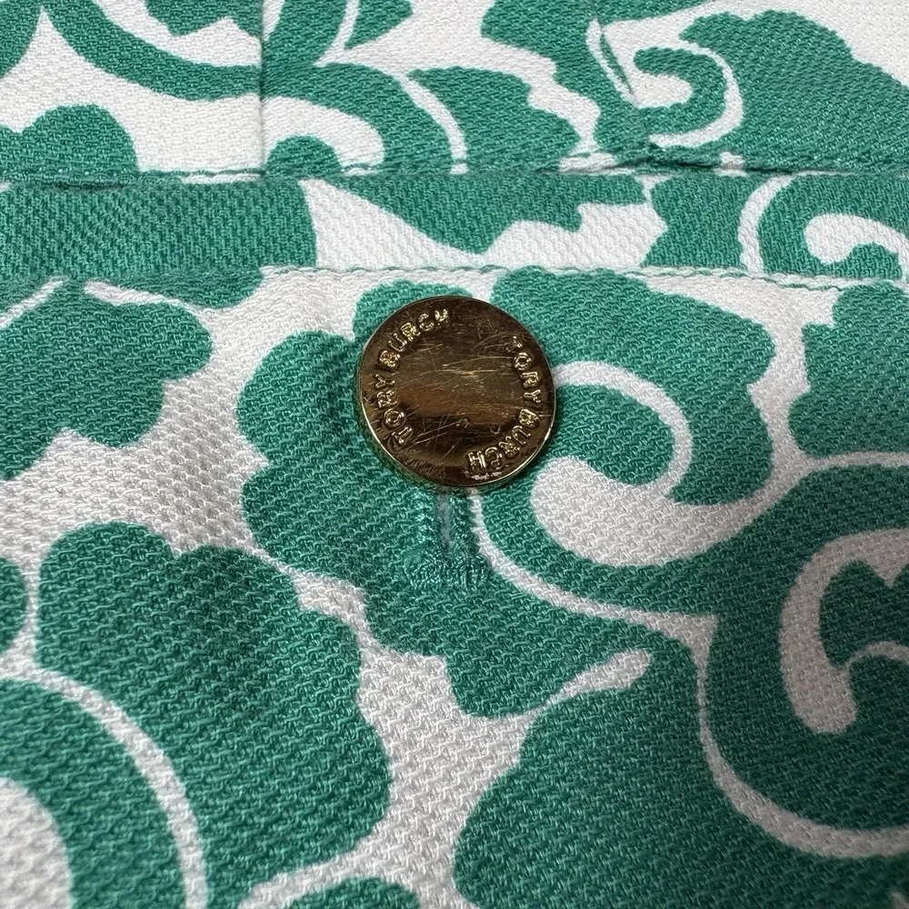 Tory Burch Size 10 Green White Floral Print Straight Leg Pants Cotton Stretch